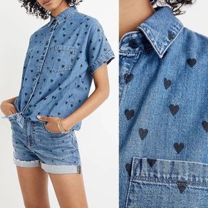 Madewell Blue Denim Heart Print Button Down Top